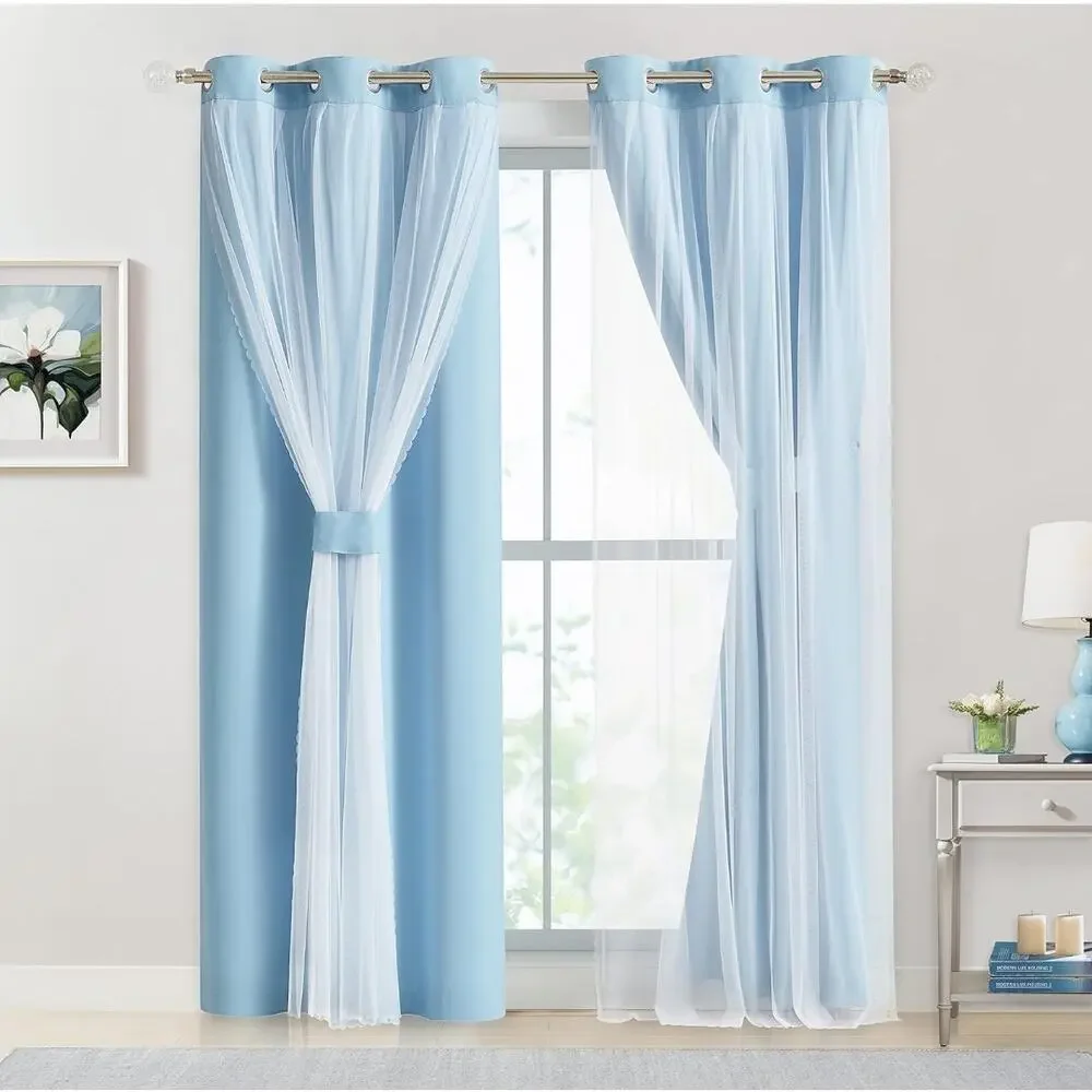 NEW Bujasso Double Layer 80% Blackout Curtains with Sheer Overlay, Sky Blue 84